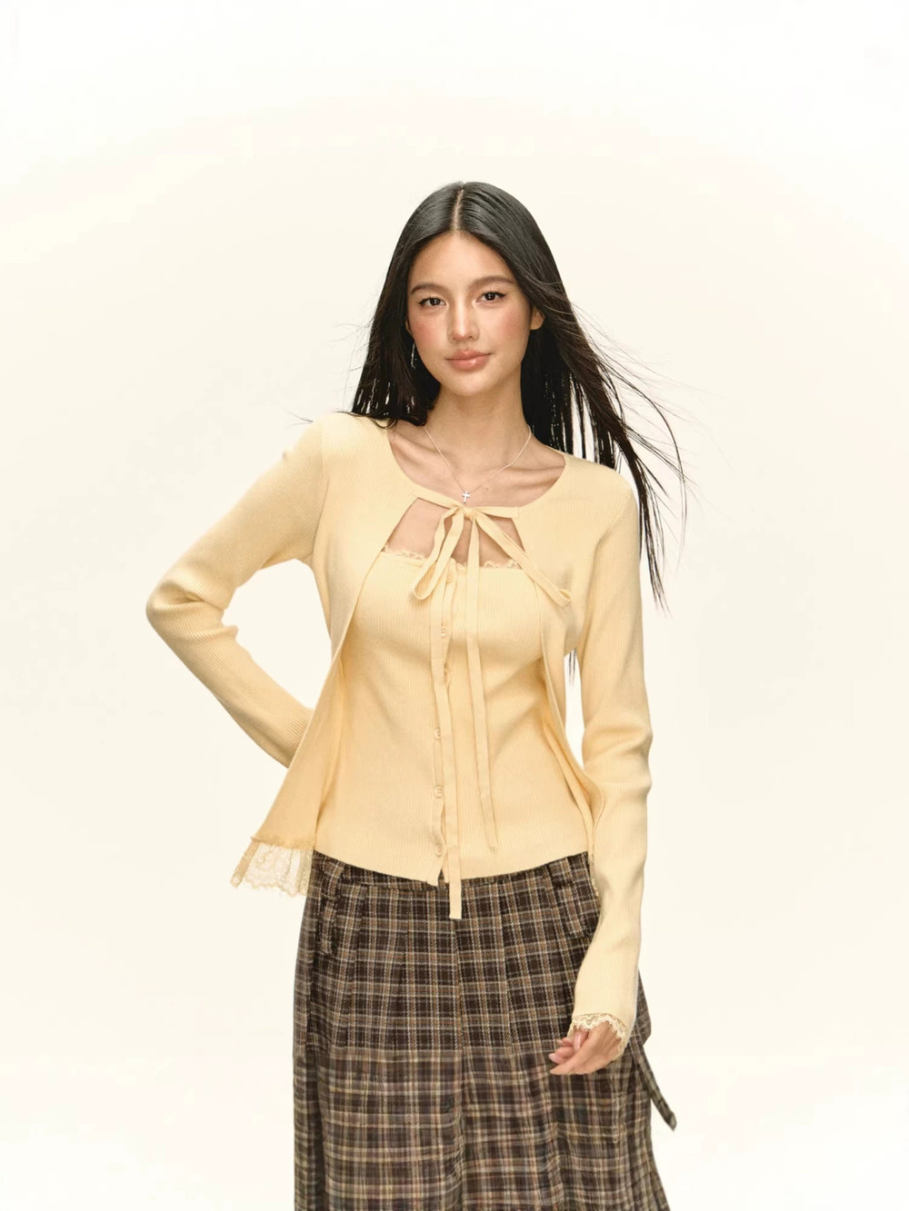 Zara Retro Casual Slim V-Neck Long Sleeve Knit Top Fake Cardigan